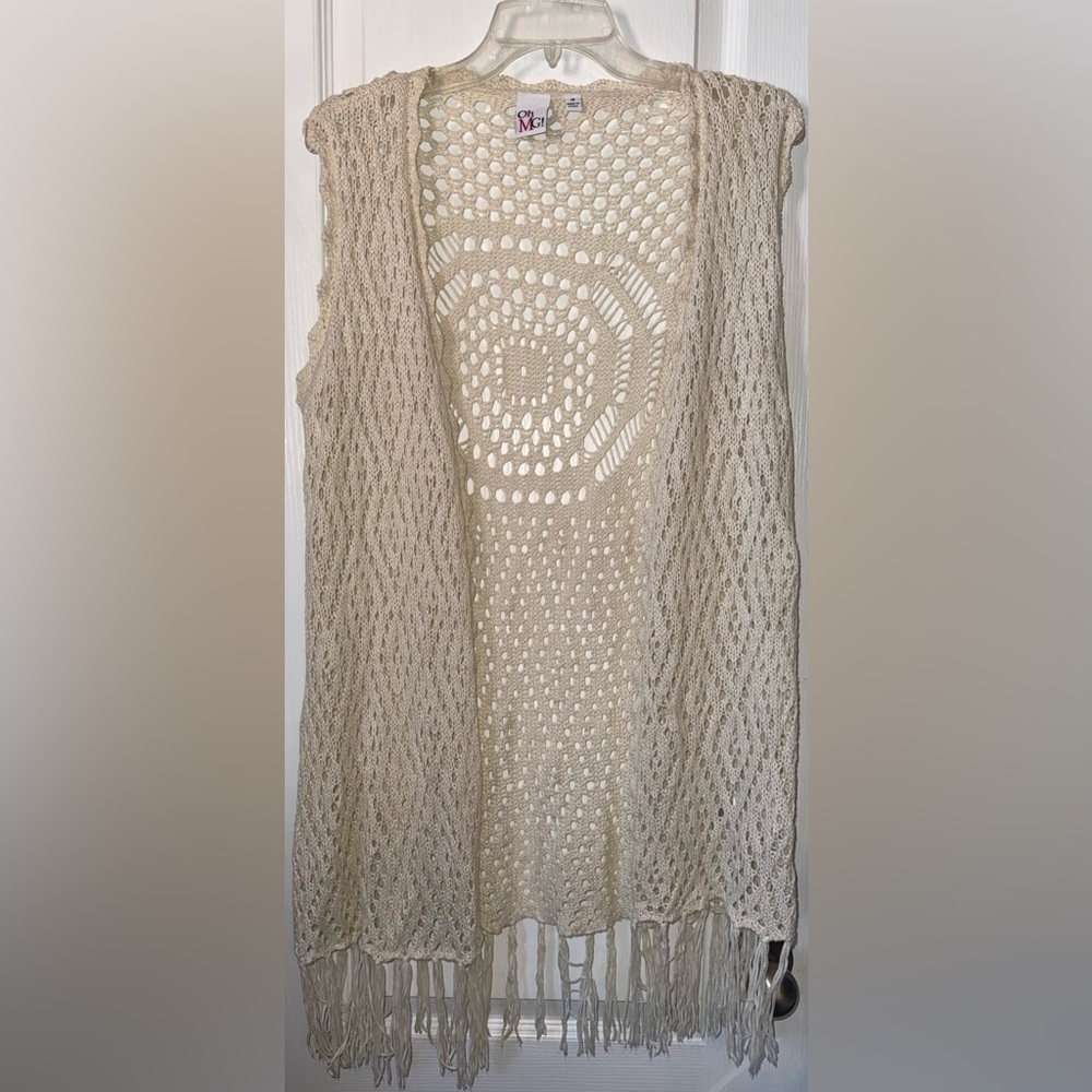 Oh MG! Cream Crochet Open-Front Fringe Cardigan Vest Size M